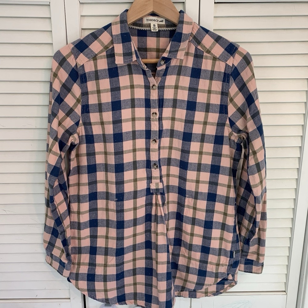 Toad&Co‎ Flannel Popover Shirt Plaid Dolcetto Tunic Womens S Pink Navy Pockets